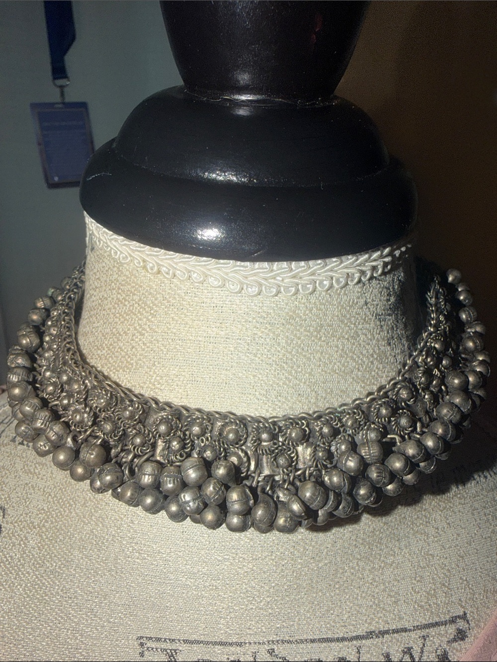 Silver Beaded Flower & Bell Etruscan Tribal Choker Necklace Ethnic vintage